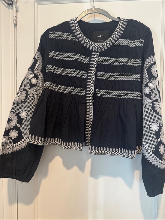 7 For All Mankind Tops - 7 For All Mankind Black Tunic Blouse with White Embroidery